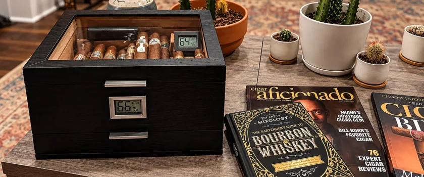 Case Elegance Mill black wood cigar humidor displayed on a coffee table with a glass top and digital hygrometer.